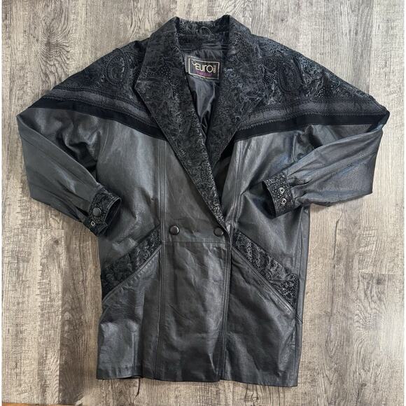 Vintage 80s 90s Oversized Real Leather Jacket Suede Detail Paisley Retro M/L - Picture 13 of 14